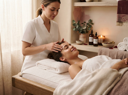 Mujer recibiendo un tratamiento facial y masaje en clínica estética