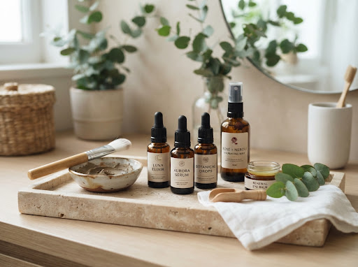 Productos cosméticos de primera línea sobre bandeja de mármol